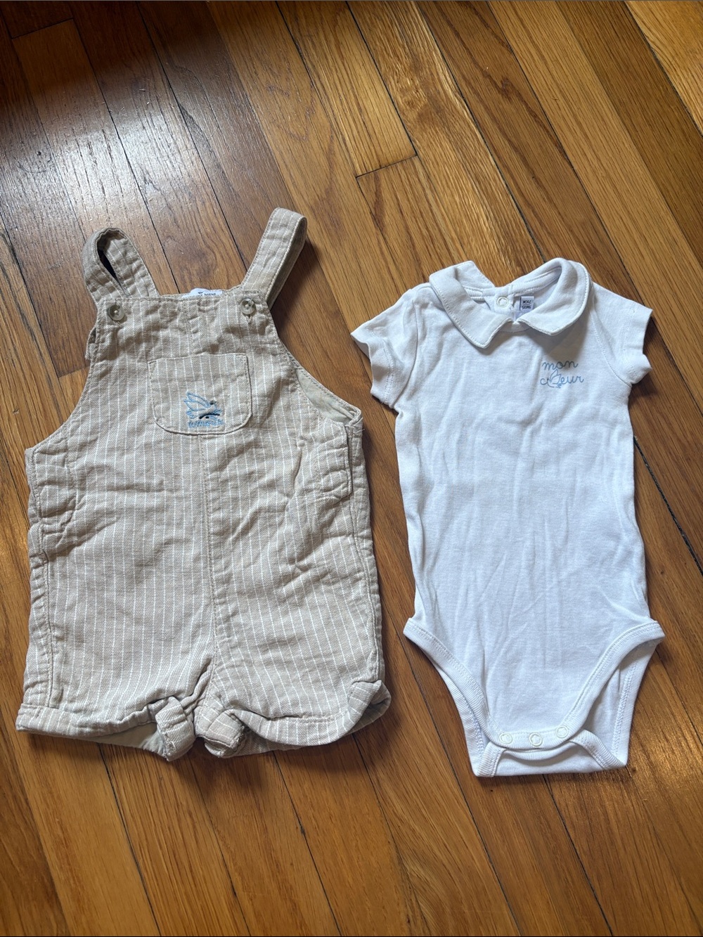 Beige Pinstripe Overalls & White Polo Bodysuit Kids Matching Set